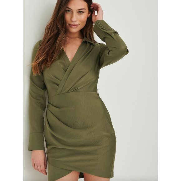 NA-KD Dresses & Skirts - Claire Rose x NA-KD Khaki Olive Green Faux Wrap Long Sleeve Mini Dress sz 36